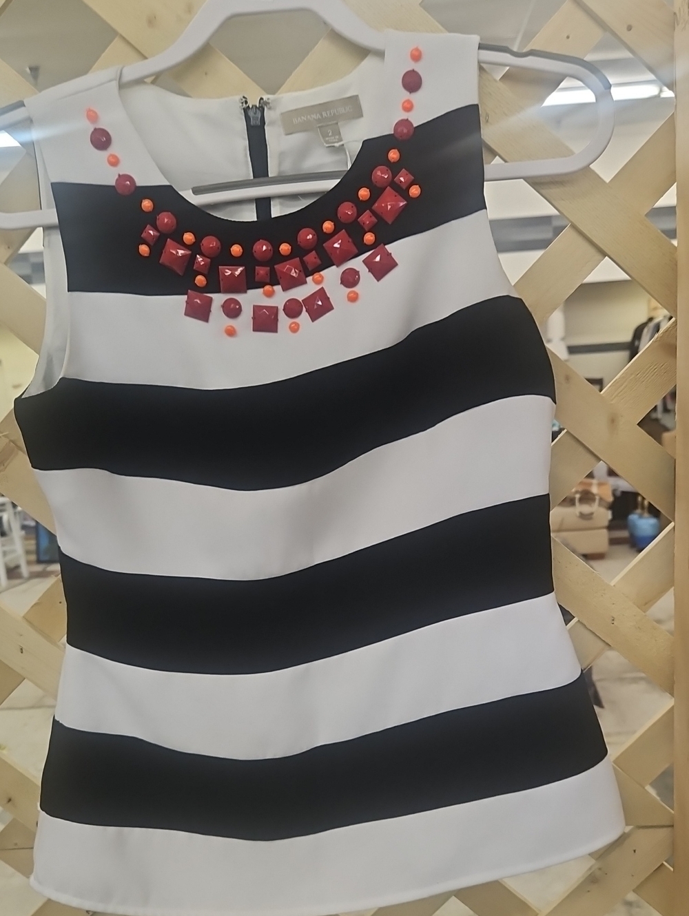 Barely Worn Banana Republic Black & White Striped Beaded Sleeveless Top